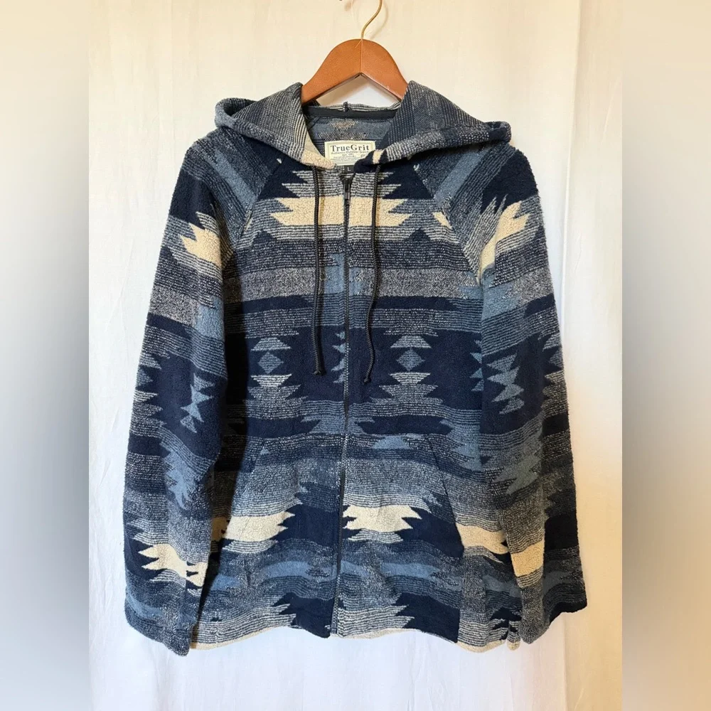 True Grit Men's Zip Up Hoodie Jacket Aztec Design - Navy / Cream - Size L